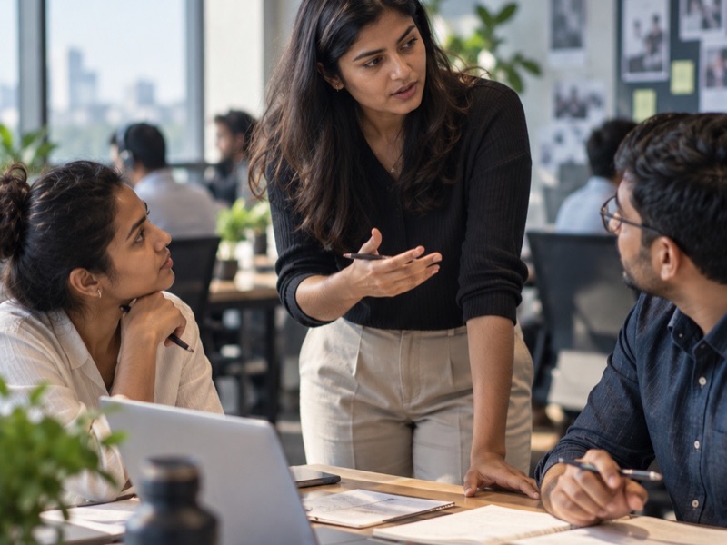 A new manager leading a discussion with her team