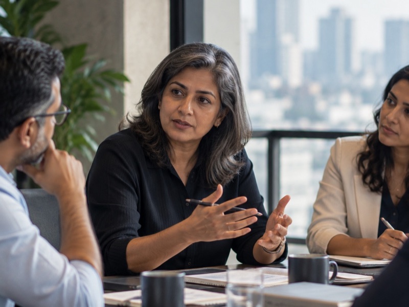 A senior leader setting direction in a leadership team meeting