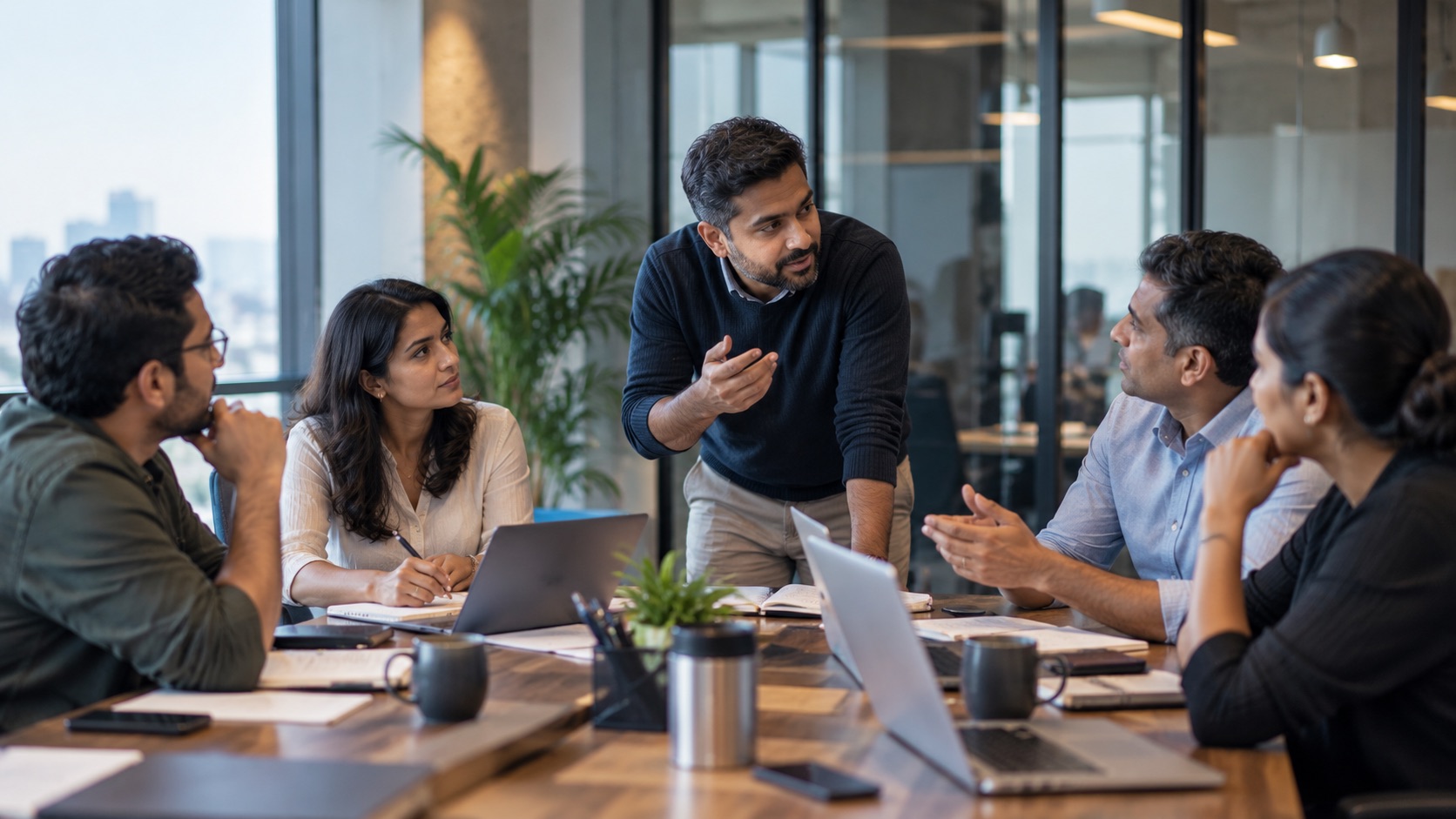An experienced leader coordinating a cross-functional conversation with other managers