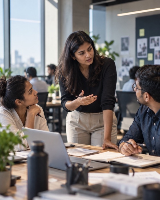 A first-time manager guiding colleagues through a team discussion