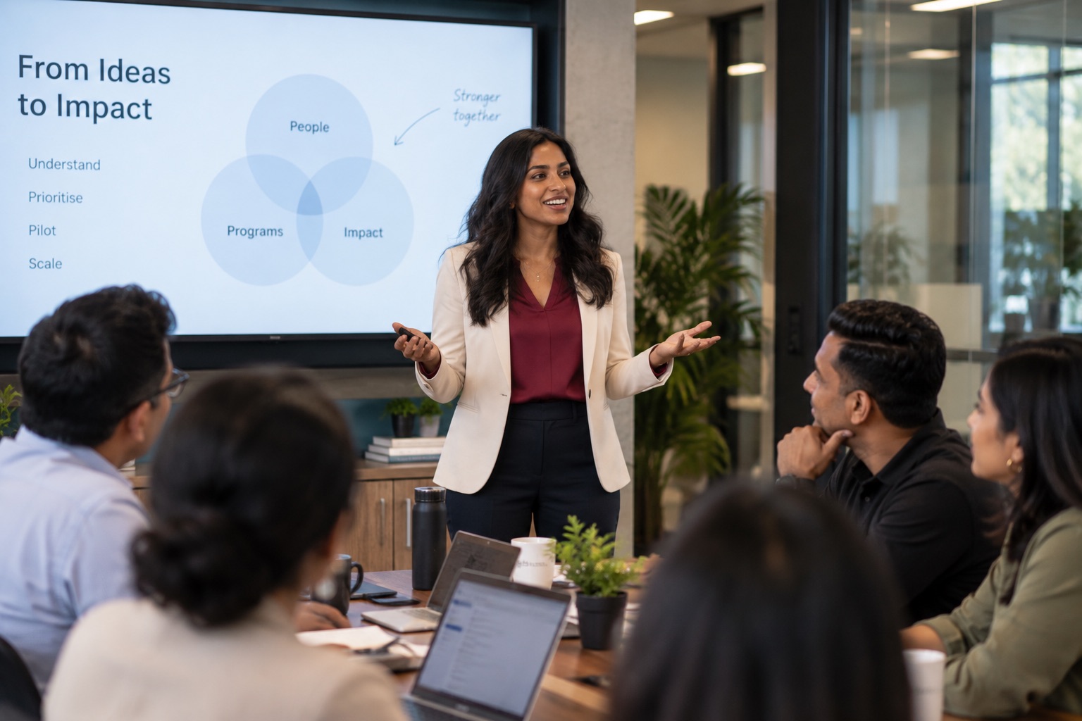 A facilitator presenting ideas to corporate leaders in a meeting