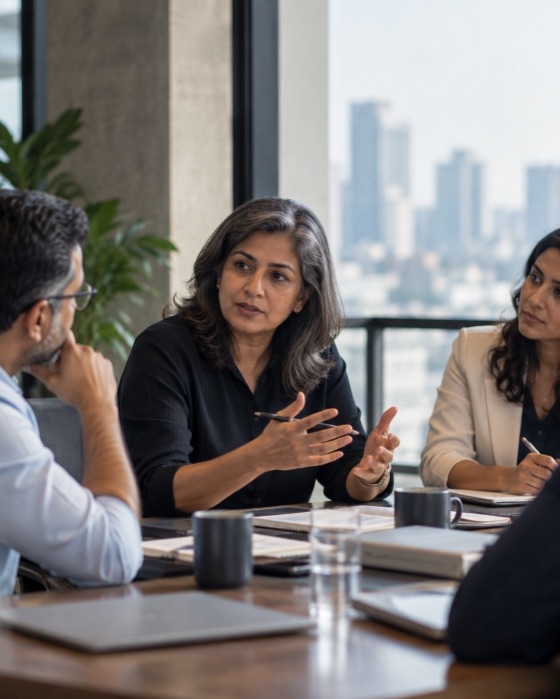 A senior leader in a strategic discussion with colleagues