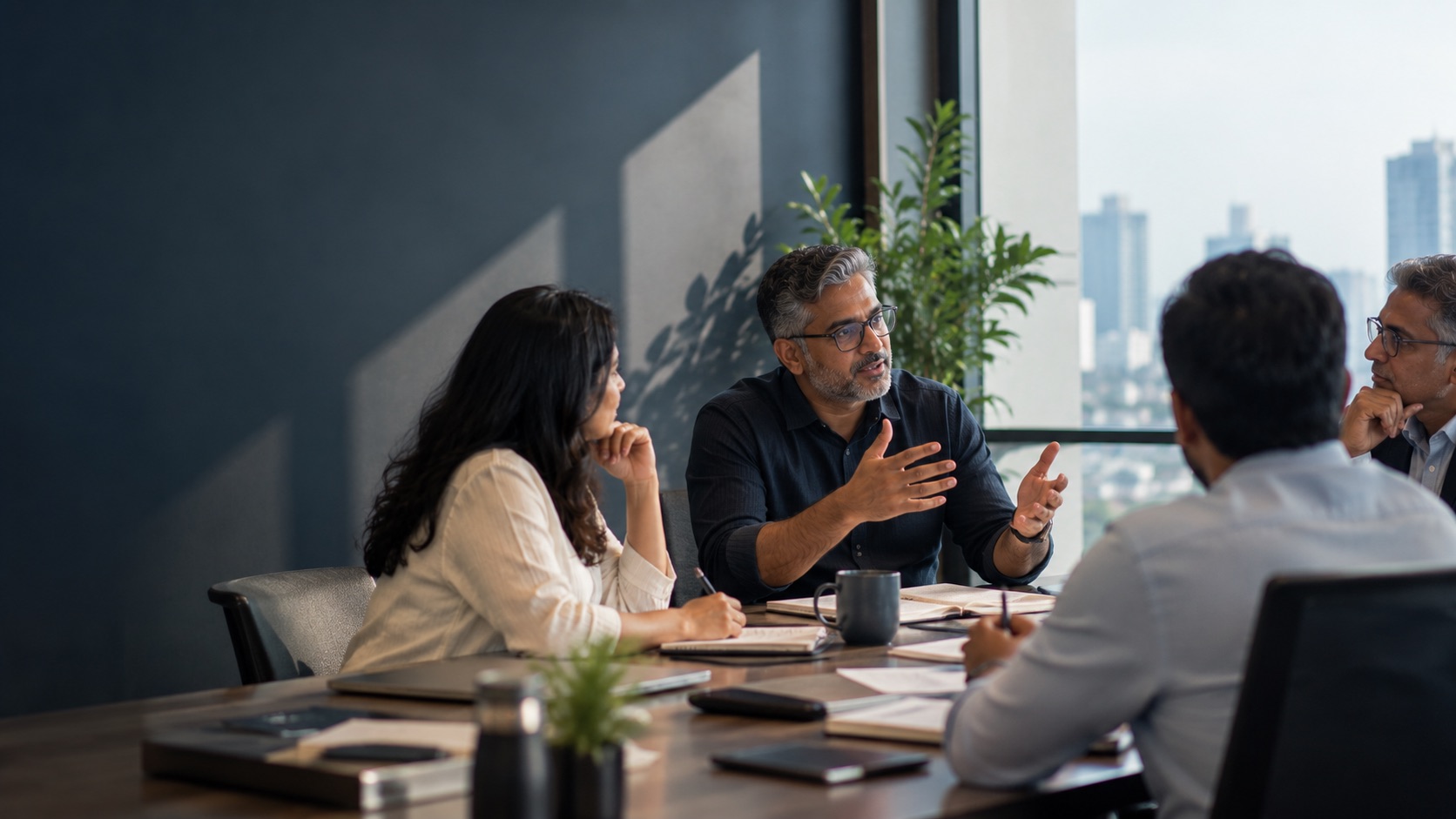 A senior leader guiding a strategic discussion with experienced colleagues