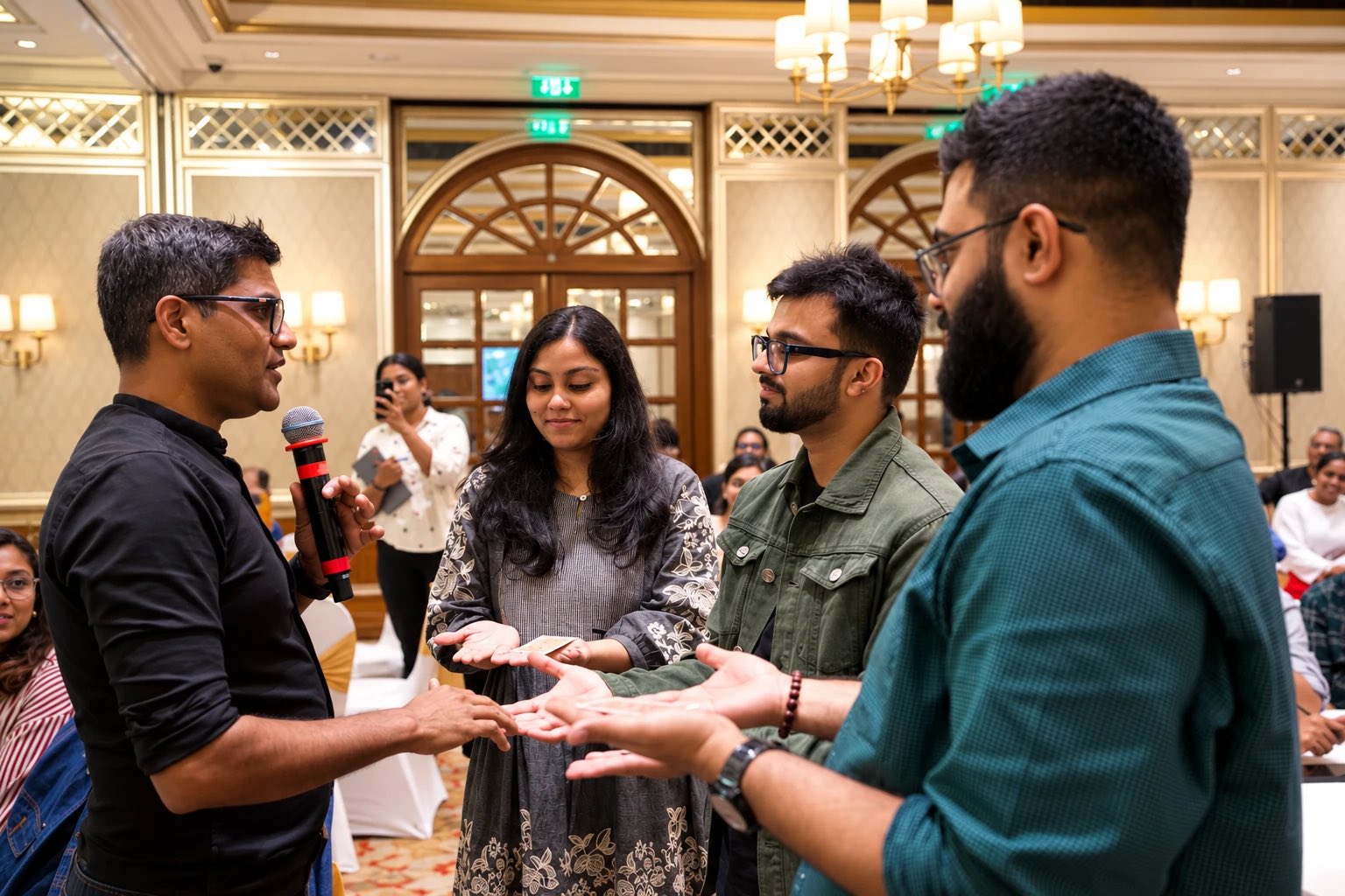 Participants holding out their hands mid-exercise while a Change+ facilitator sets up the next round